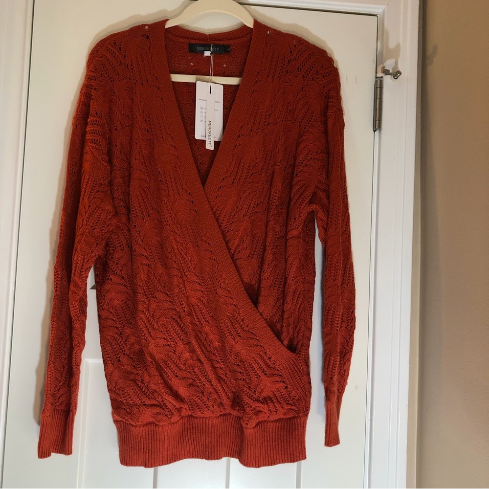 Merokeety Deep V Neck Crochet Knit Sweater Size L NEW Color Rust NEW